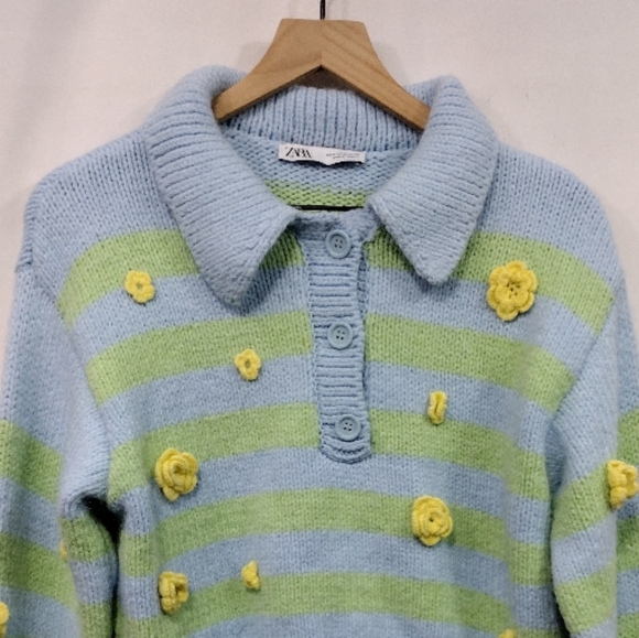 Zara Embroidered Floral Striped Sweater Women's M Blue Green Cottagecore Preppy - Picture 3 of 10